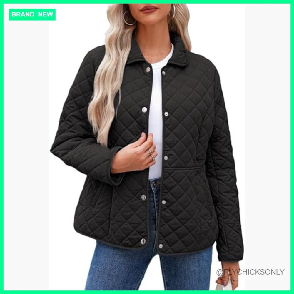 Quilted Puffer Jacket with Diamond Texture, Snap Front, Two Pockets